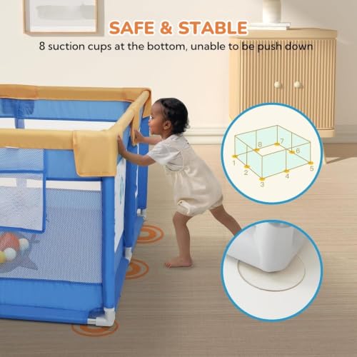 Image of Dawnwake 120x120 cm Playpen for Baby up to 3 Years with Safety Lock & Anti-Fall Grasp Rings (No Ball /No Mat, Non-Foldable) - Blue
