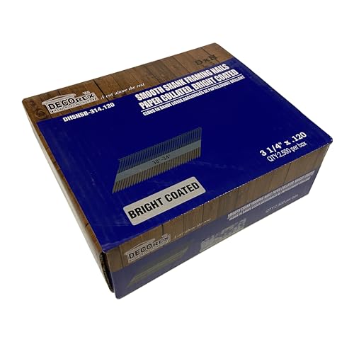 Decorex Hardware - 3-1/4" x .120 Framing Nails, Smooth Shank, Paper Strip Collated, Clipped Head, Bright Coated (30–34°) – 2,500 Count – DHSNSB-314.120