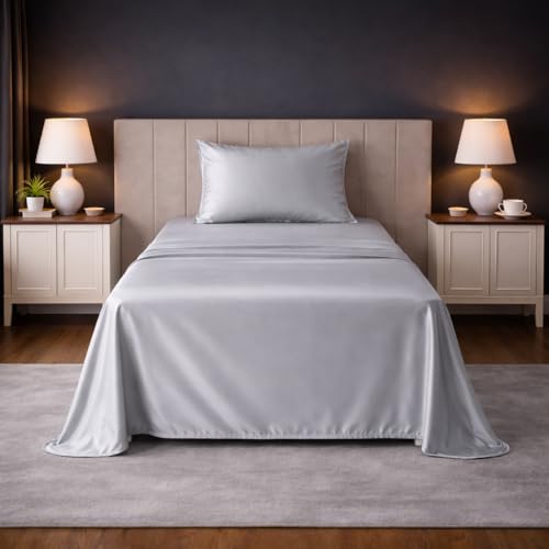 Image of LANE LINEN 100% Cotton Satin Fantasy Bedsheet Single Size - Silver | OEKO-Tex Certified, 100% Cotton Satin Weave, Gentle on Skin & Hair, Wrinkle-Free, Includes 1 Pillow Cover