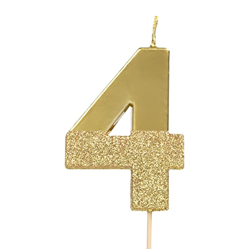 PARTYLOSOPHY Lot de 4 bougies d'anniversaire avec chiffres 10, 20, 30, 40, 50, 60, 70, 80, 90, 100 de couleur or métallisé avec paillettes. Bougie d'anniversaire dorée, anniversaire, anniversaire et