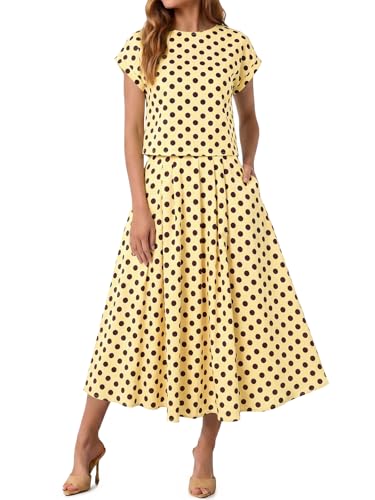 Tankaneo Womens Polka Dot 2 Piece Skirt Sets Summer Cap Sleeve Tops Midi Dress with Pockets Travel Vacation Outfits Matching Sets