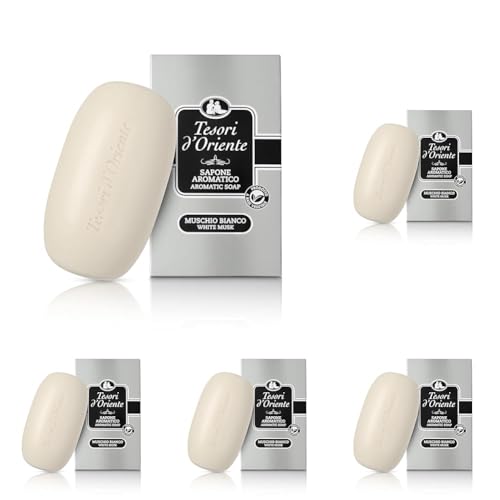Tesori d'Oriente - Sapone Solido Muschio Bianco, Saponetta Aromatica, Fragranza Ambrata, 125gr (Confezione da 5)