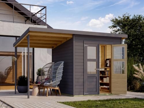 Merseburg Terragrau 415 x 236 x 220 cm Gerätehaus, Gartenhaus aus Holz, 14 mm Wandstärke, inklusive 140 cm Anbau, Satteldach, 415 x 199 x 220 cm