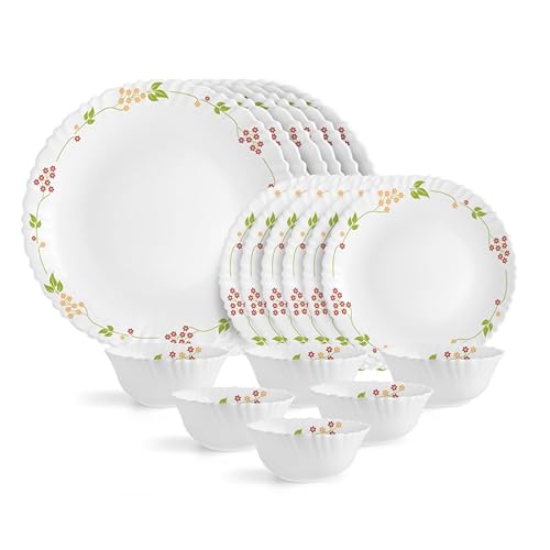 CELLO Secret Garden Dazzle Series Opalware Dinner Set of 18 Pieces for Family of 4 | Bone-Ash Free & Leadfree Opal Glass, Microwave & Dishwasher Safe, Plates & Bowls Crockery Set for Dining & Gifting