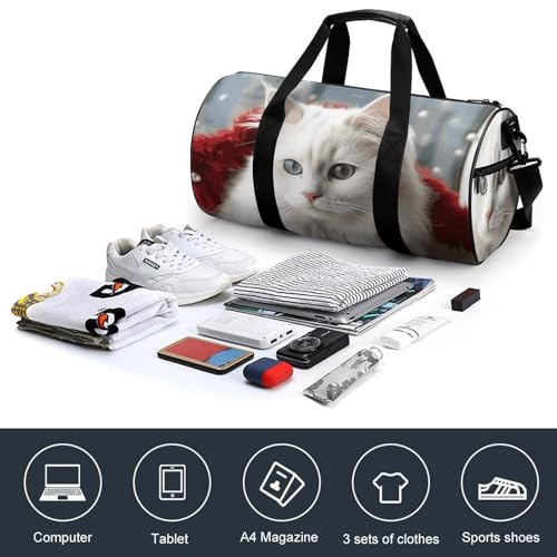 Cute White Cat Gym Bag for Men Women, Sturdy Oxford Cloth Travel Bags with Removable Shoulder Strap, Waterproof Duffel Bag for Fitness, Travel, Yoga4