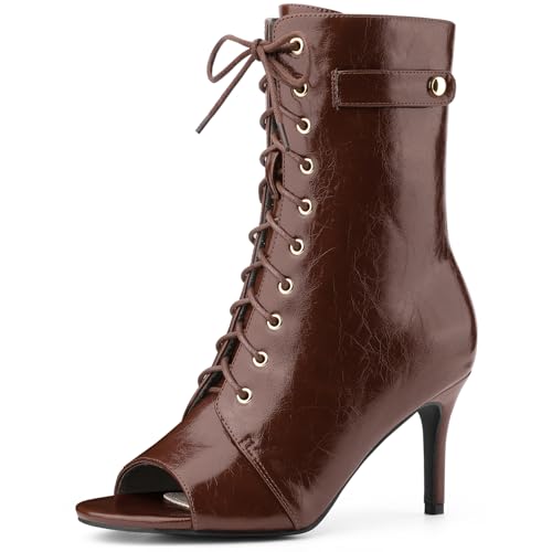 Allegra K Women's Lace Up Peep Toe Stiletto Heel Ankle Boots