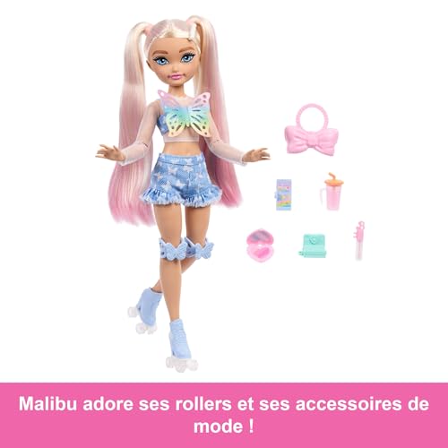 Barbie Dream Besties Barbie « Malibu » Poupée articulée aux cheveux blonds pratiquant le roller avec 9 accessoires sur le thème du maquillage JFX96 - vue 2