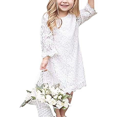 Eledobby Girls Floral Lace Tunic Dress 3/4 Flared Sleeve Dresses Kids Party Wedding Bridesmaid Christening Dress Birthday Carnival Clothes White 4-5 Years Cover