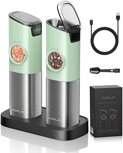 [New Design]Gravity Electric Salt and Pepper Grinder Set, 𝐔𝐩𝐠𝐫𝐚𝐝𝐞𝐝 Large Capacity, USB Rechargeable Automatic One Hand Operated, Adjustable Coarseness, LED Light, Stain Steel Green, 2 Mills