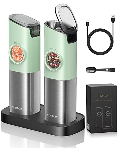 [New Design]Gravity Electric Salt And Pepper Grinder Set, 𝐔𝐩𝐠𝐫𝐚𝐝𝐞𝐝 Large Capacity, Usb Rechargeable Automatic One Hand Operated, Adjustable Coarseness, Led Light, Stain Steel Green, 2 Mills #TOP4