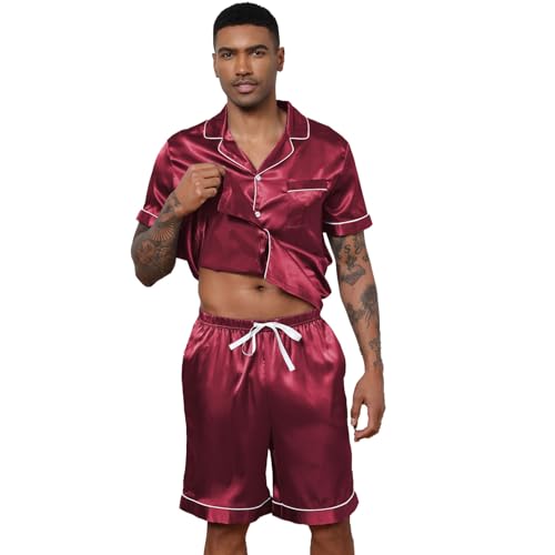 Pijama cetim homem conjunto clássico verão manga curta seda t-shirt e calções com botões casa casual confortável Sleepingwear Sets, Rede, XL