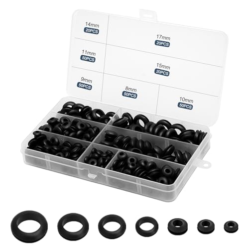 KQDRAVINE 260 Piezas de Arandelas de Goma, Pasacables, Juego de Prensaestopas en 7 Tamaños, Pasamuros Goma para Instalaciones Eléctricas, Conductos de Cacables, Protección de Cables, Color Negro