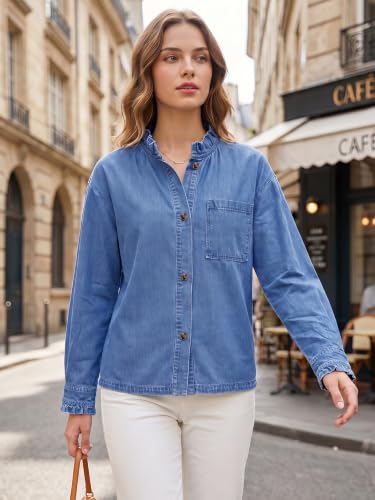 Flowyair Womens Denim Shirt Casual Button Down Ruffle Jean Fall Tops - image 4
