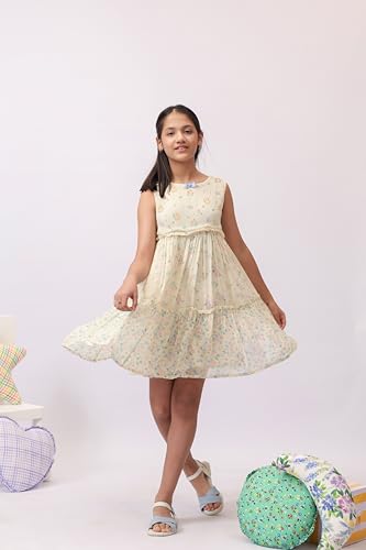 Image of Kids Girls Printed Embroidered Fusion Dress | Handmade Crafted Designer Ethnic Wear | 100% Cotton