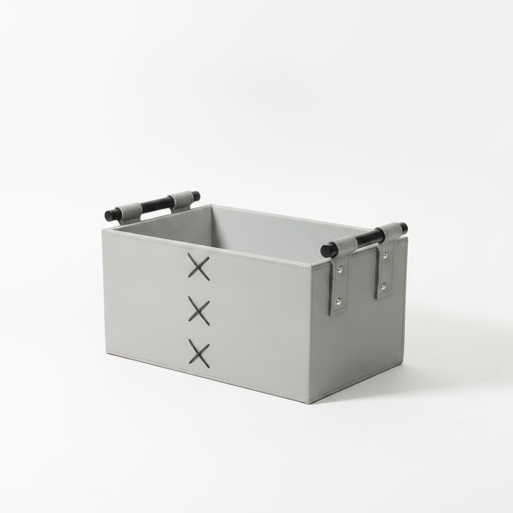 Cestas apilables de cuero gris con estructura rígida para cajas de almacenamiento compactas