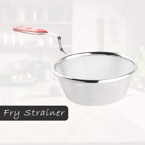 Image of Kuber Industries Pack of 3 Stainless Steel Deep Fry Strainer for Kitchen - 6 no. Oil Cooking Jhara /Filter /Channi for Chips & Pasta - Silver & Red
