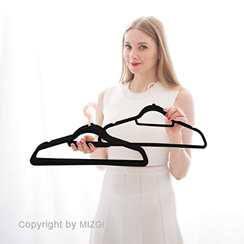 Image of MIZGI Premium Velvet Hangers (Pack of 50) - Heavy Duty Non Slip - Clothes Hangers Black - Copper /Rose Gold Hooks, Space Saving Suit Hangers with Accessory Bar