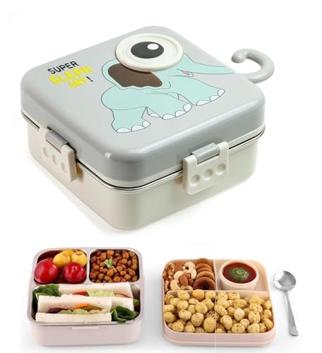 Image of TEKCOOL Grey Kids Lunch Box - Stainless Steel Insulated Tiffin for School with Spoon, BPA-Free | Leak-Resistant Bento Box with Tray & Container | 1120ml + 70ml (Grey, Super Elephant)';