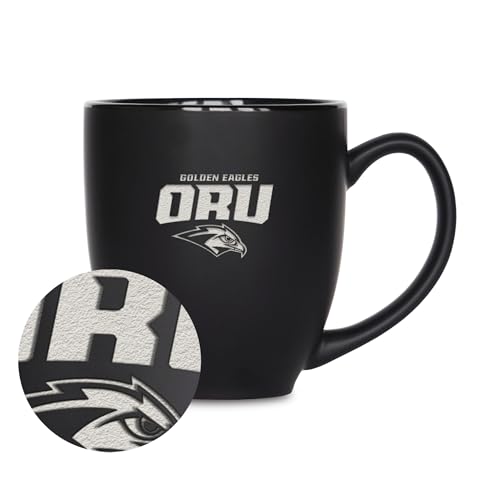 Rico Industries NCAA Oral Roberts Golden Eagles 15oz Laser Engraved Matte Black Ceramic Bistro Mug - for Hot or Cold Drinks