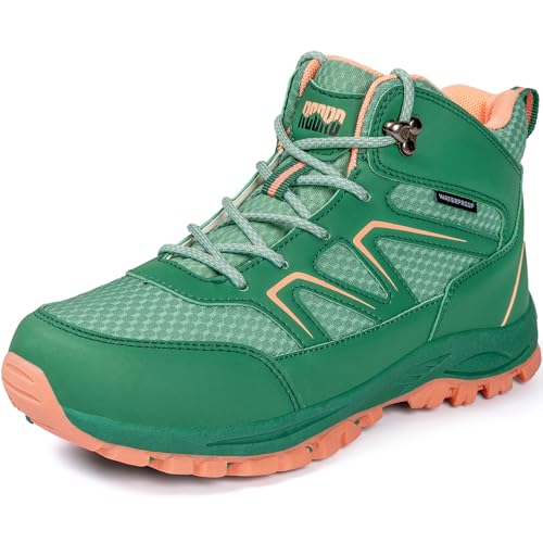 R CORD Girls Hiking Boots Waterproof Protective Breathable Cushioned Durable Non-Slip All-Day Comfort Kids Hiking Boots Trail Running Terrain Hiking GreenPeach 12 Little Kid