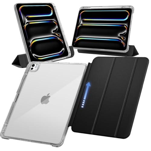 MS factory iPad Pro 13インチ ケース M5 M4 (2025/2024) 用 ペン収納 取り外し可能 軽量 耐衝撃 カバー 縦置き/横置きスタンド Pro 13 ケース ソフトフレーム 背面透明 リッチブラック 黒 IPDP13m4-SLDPEN-BK