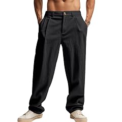 Mens Linen Pants Coconut Palm Print Pants Loose Straight Leg Drawstring Elastic Waist Trendy Outdoor Beach Trousers