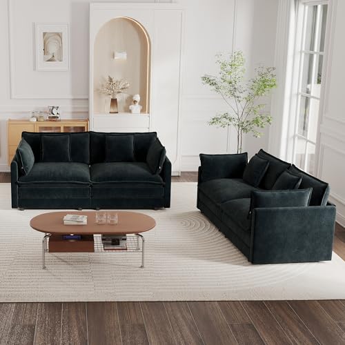 mikibama Luxury 2 Piece Sofa Set, 2 Pieces of Loveseat Sofa, Modern Chenille Comfy Cloud Couches Set for Living Room Office with 4 Armrest Pillows and 4 Toss Pillows, Black
