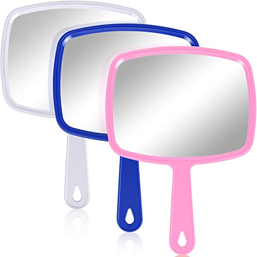 Jetec 3 Pcs Hand Handheld Mirrors with Handle Bulk, Small Portable Salon Barber Hairdressing Vanity Cosmetic Mirror for Travel, Home, Square(9.17 x 6.53 Inch,Blue, White, Pink)