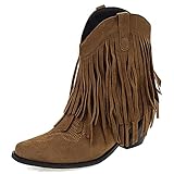 Heel Height: 6.5 cm Zoducaran Klassischer Damen Franse Western Stiefel Ankle High Cowboy Stiefel Wide Calf Block Heel Kurze Stiefel Cowgirl Tabs Bootie Wildleder Dark-Brown Gr 45
