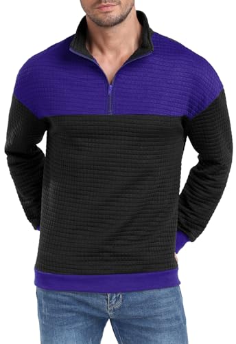 Image of MLANM Men's Sweatshirts Quarter Zip Contrast Colour Casual Jumper Stand Collar Winter Sweatshirt Blue Black XL