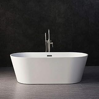 WOODBRIDGE BTA-1513 Acrylic Freestanding Bathtub Contemporary Soaking Tub with Brushed Nickel Overflow