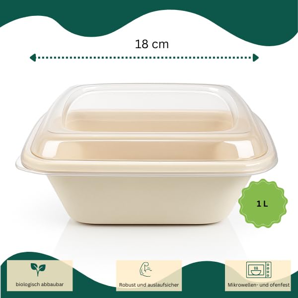 Bagasse - Lot de 50 bols rectangulaires avec couvercle - 1 l - Boîtes à emporter biodégradables - Anti-fuite et passent au micro-ondes - Emballage jetable pour restauration, Takeaway et