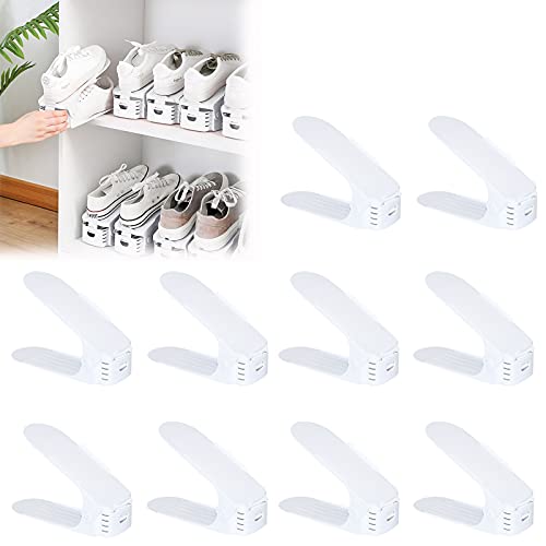 UISEBRT Einstellbare Schuhregale Schuhstapler 10 Stück Weiß Schuhhalter platzsparend 3-Stufen-Verstellung Schuh-Organizer Rutschfest