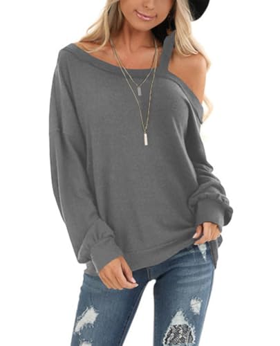 Image of Ezbelle Womens Sweaters Oversized Long Sleeve Cold Shoulder Tops Shirt Tunic Sweatshirt