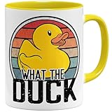 OM3 Divertida taza de café con texto en alemán "What the Duck" con texto y pato amarillo - Statement - Taza de cerámica - 325 ml - Impresión por ambos lados - Amarillo