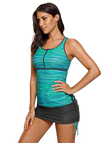 Luvamia Women'S Two Pieces Print Zip Front Racerback Tankini Set Swimsuits With Skirt Size Large thumb #3