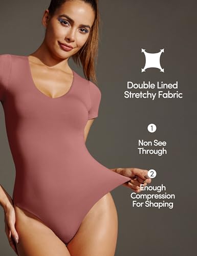 Image of IUGA Bodysuits for Women Tummy Control Body Suits for Womens Compression Slimming Thong Bodysuit V Neck