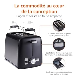 Amazon Basics Grille-Pain 2 Tranches avec 7 Niveaux de Dorage et Tiroir Ramasse-miettes Amovible, Fentes Extra Larges, 800W, Noir