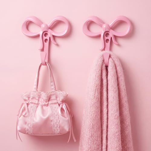 Otoolling 2 Pack Small Pink Bow Wall Hooks Valentine's Day Bow Knot Hooks for Wall 2.36'' Cute Decorative Coat Holder Metal Bowknot Door Hanger for Hats Bags Tie Bath Towels Coats
