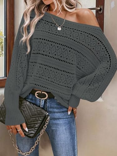 Image of Cakulo Womens Off Shoulder Sweater Top Fall Outfits Fashion 2025 Oversized Knit Batwing Long Sleeve Crochet Pullover Sweaters