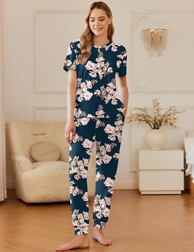 Image of Ekouaer Pajamas for Women Set 2 Pack Lounge Set Short Sleeve Pjs Joggers Long Pants Loungepwear with Pockets