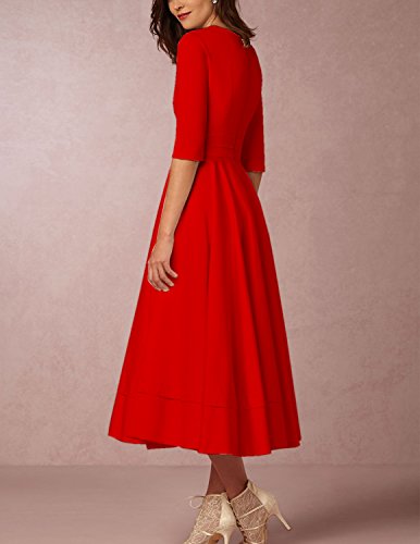 Carinacoco Donna Vestiti Lunghi Da Matrimonio Elegante Collo V Vestito A Pieghe Skater Abito Maxi Damigella Sera Cerimonia Inverno Rosso Xl - 2