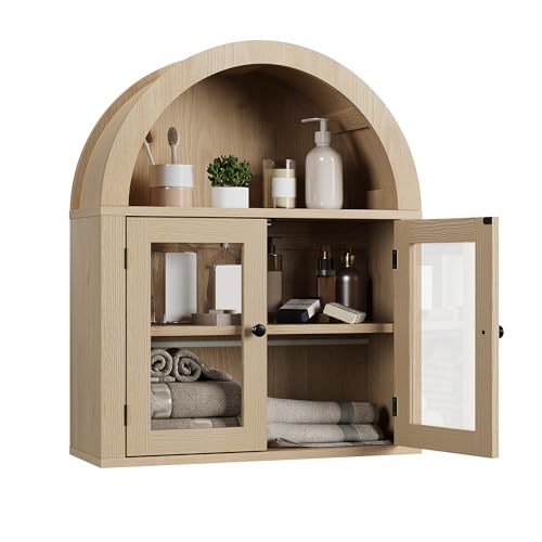 ChooChoo Arched Wall Cabinet with Acrylic Doors Bathroom Cabinet Wall Mount Over The Toilet with Display Shelf Wooden Storage Cabinet for Kitchen Living Room or Entryway Natural