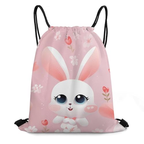Cute Bunny Rabbit Flower Drawstring Backpack Durable Sport Gym Bags Daypack for Men Women 35 * 42cm