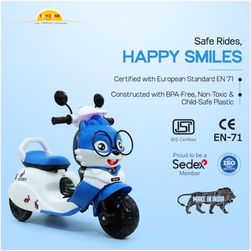 Image of Toyzone Bunny Electric Scooter - Blue | Rechargeable Scooty 6V | Powered by 4.5 ah Battery | Music Player with Bluetoooth & USB | 6 Month Warranty on Battery | Make in India | for Kids 2+ Years