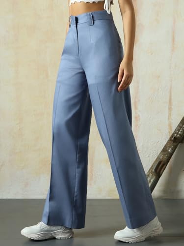 Image of High Star Women High Rise Solid Regular Length Wide Leg Casual Trousers