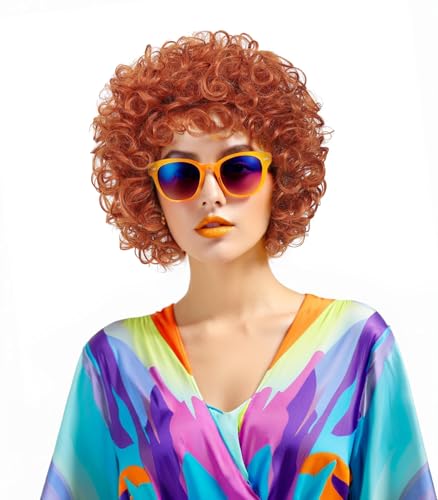 Image of Women's short curly wig, 70s disco style afro wig, wig for Halloween cosplay and parties (Orange)