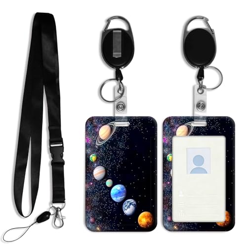 DISUOFEART ID Badge Holder with Detachable Lanyard & Heavy-Duty Retractable Reel, Solar System Planets in Space Vertical ABS Name Tag Case with Swivel Belt Clip for Nurses, Doctors, Office