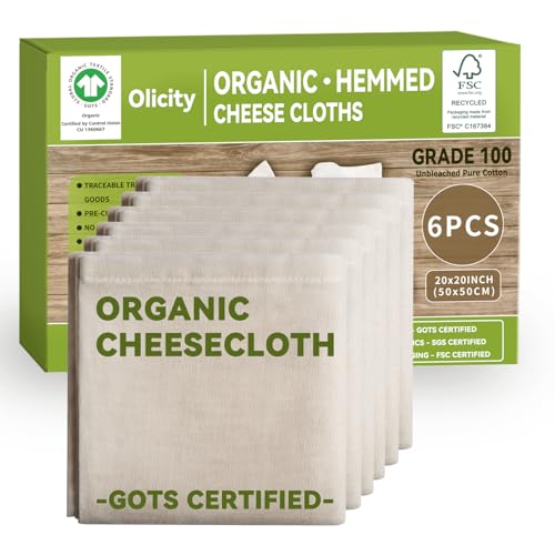 Etamine alimentaire bio Olicity - Lot de 6-50 x 50 cm - Coton bio GOTS - Mousseline culinaire réutilisable pour jus, beurre, cuisine