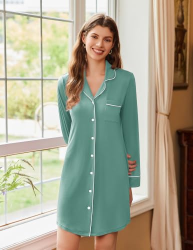 Image of Ekouaer Nightgowns for Women Long Sleeve Night Gown Button Pajama Dress